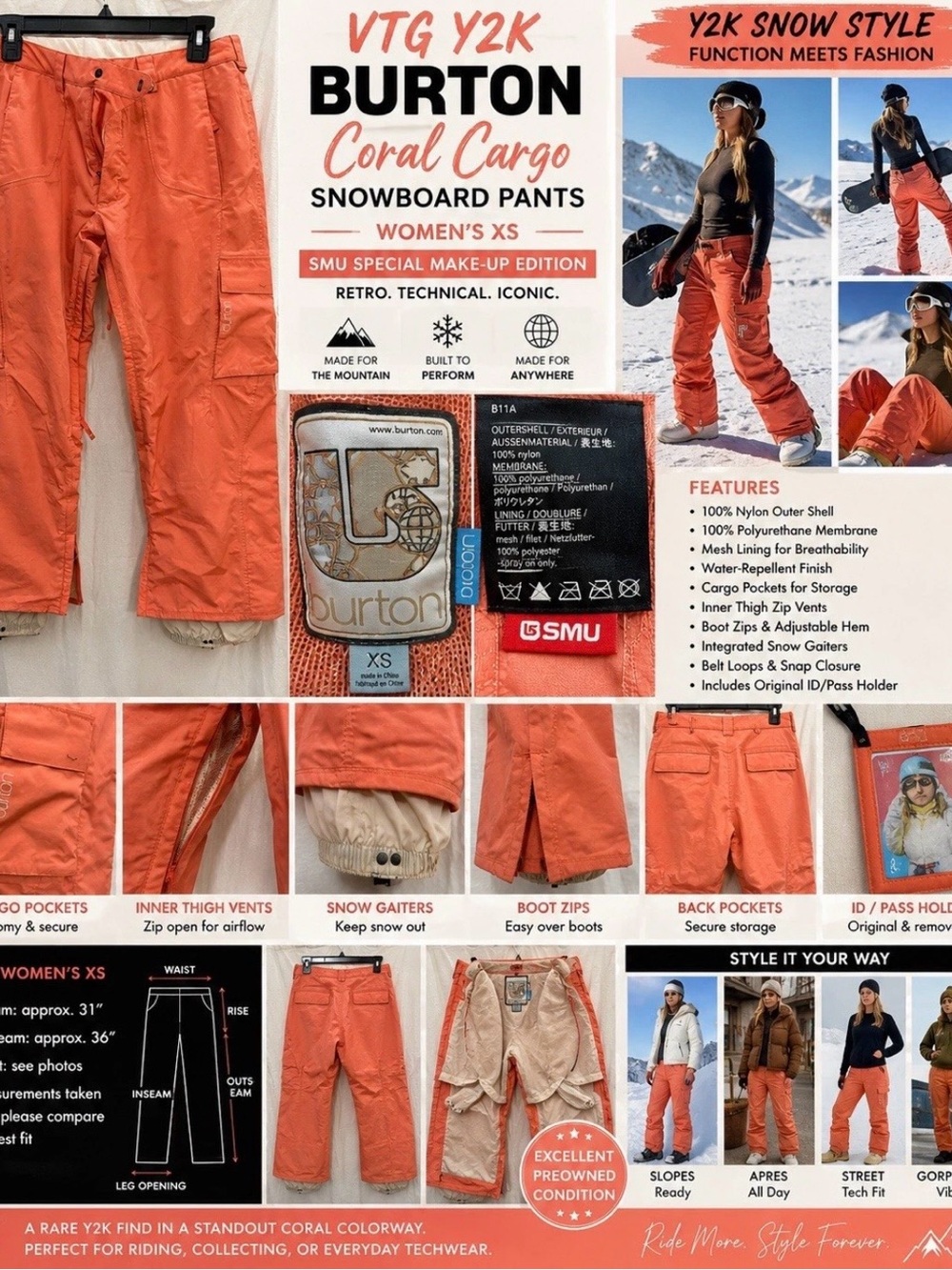VTG Y2K Burton Womens XS Coral Cargo Snowboard Pants SMU Boot Gaiters Vents
